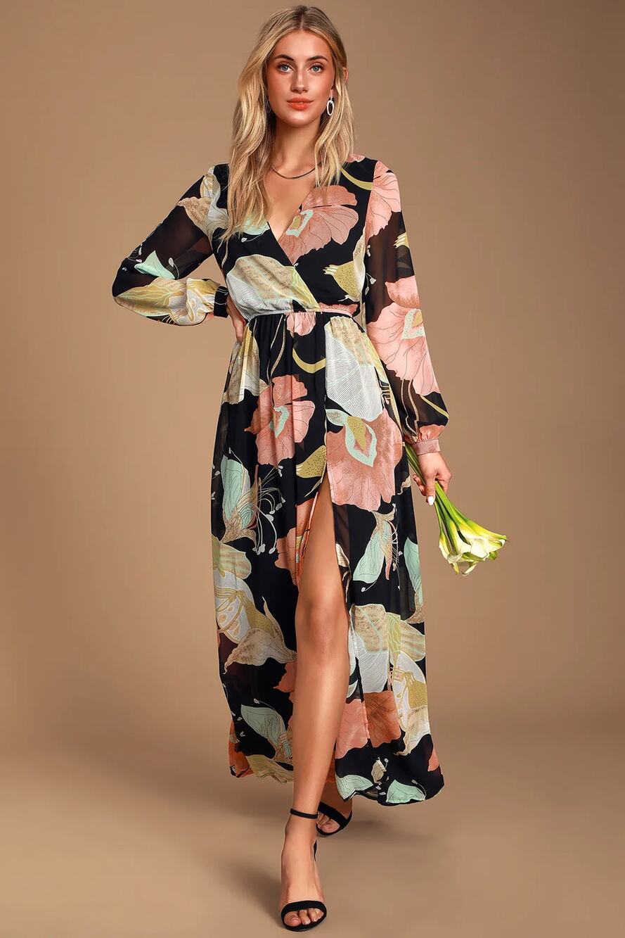 Lulus Wondrous Water Lilies Black Floral Print Maxi Dress Medium Whimsical Boho